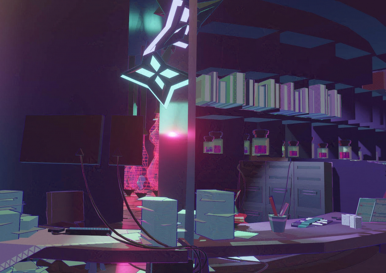 Biology lab shelves and surgery lamp.